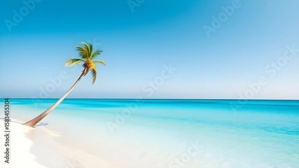 Fototapeta Paradise Beach: Leaning Palm Tree on White Sand, Turquoise Ocean.