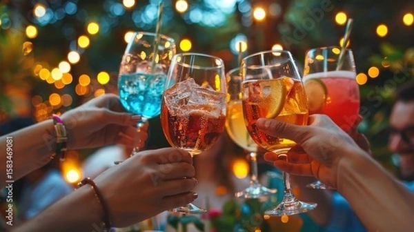 Obraz A diverse group of friends enthusiastically toasts with colorful cocktails at a lively outdoor party at night, their hands meeting in celebration under the warm, festive glow of string lights