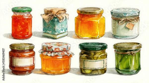 Fototapeta Front view of set of small jam and vegetable jars in different colors without labels and lids. Illustration of canned jam products on white background
