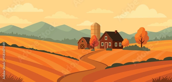 Obraz Autumn landscape with farm and fields. Abstract rural scene.
