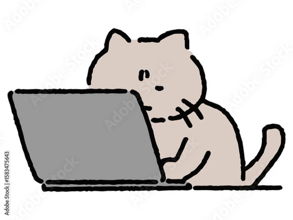 Fototapeta 猫背でパソコンをいじる猫のゆるい手描き絵