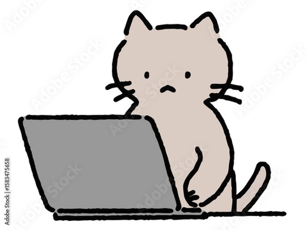 Fototapeta パソコンを打つ猫　ゆるい手描きイラスト　かわいい