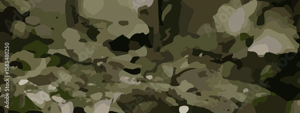 Fototapeta Dense Jungle Camouflage Vector Pattern With Olive Green, Khaki, and Dark Brown Leaf Shapes. Seamless Camouflage Background With Abstract Forest Leaves in Earth Tones for Military and Outdoor Designs