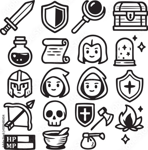 Fototapeta This charming collection of fantasy RPG game icons features various essential elements like weapons, magic items, characters, and UI components, perfect for digital projects.