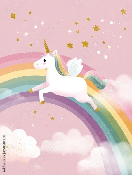 Obraz Magical unicorn with wings on rainbow with stars and clouds in whimsical pink sky