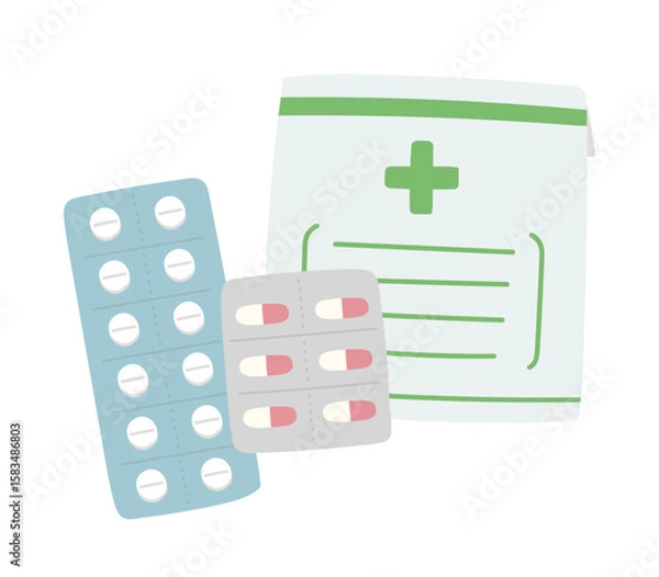 Obraz 手描きの可愛い錠剤と袋のイラスト