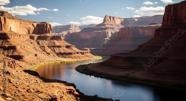 Obraz Stunning red rock formations reflected in a calm river under golden hour sunlight, with sparse desert vegetation and deep canyon textures in a vast arid landscape