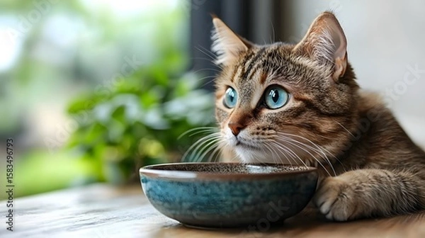 Fototapeta A pensive cat gazes into an empty bowl with a longing expression