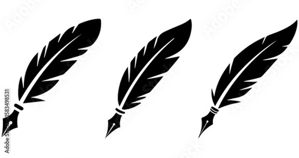 Fototapeta Feather wing quill pen set black silhouette vector.