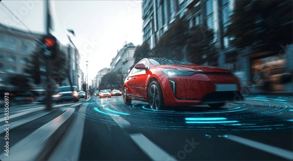 Fototapeta Next-gen vehicle interface with augmented reality road guidance and biometric crosswalk monitoring system