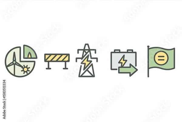 Obraz Icons representing renewable energy concepts including wind, electricity, and sustainability strategies from various locations and projects