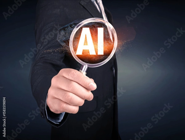 Fototapeta Business man hold a magnifying glass up to a AI artificial intelligence hologram.