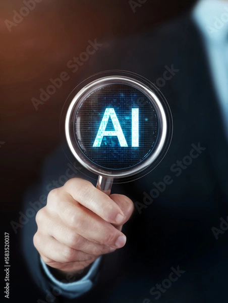 Fototapeta Business man hold a magnifying glass up to a AI artificial intelligence hologram.
