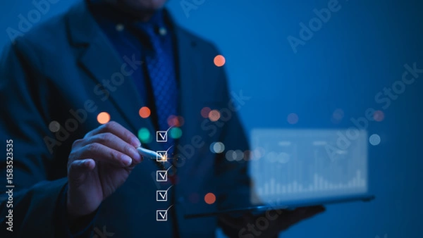 Fototapeta Data Driven Performance Professional In Suit With Stylus Interacting With Virtual Checklist On Tablet, Displaying Chart And Graph, Blue Gradient Background, For Project Management And Data Analysis