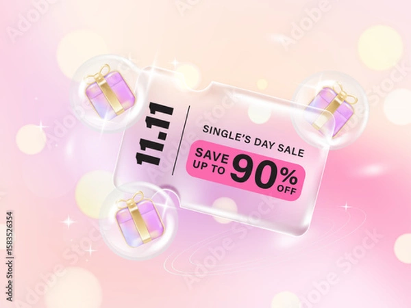 Obraz Transparency glassmorphism gift voucher coupon for 1111 single day sale on gradient background. Discount offer tag with shiny, glossy, reflective surface.