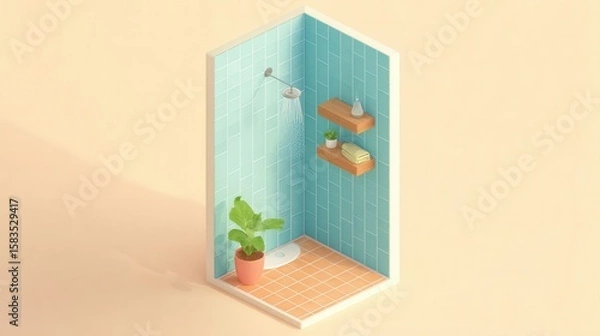 Fototapeta Modern Shower Room Design with Green Plants and Wooden Shelves