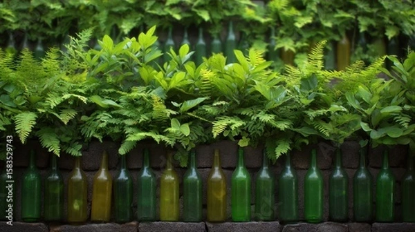 Fototapeta Green Bottles and Lush Plants Create an Inviting Natural Atmosphere