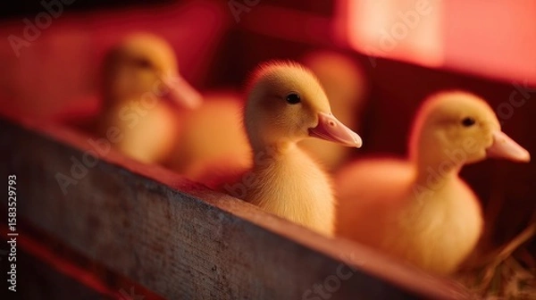 Fototapeta Cute Baby Ducks in a Wooden Box Under Soft Ambient Light