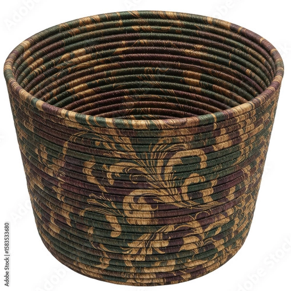 Obraz Decorative woven basket with intricate floral patterns, placed on a rustic wooden table