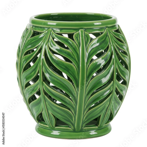 Obraz Decorative green ceramic vase with leaf patterns, showcasing intricate design details