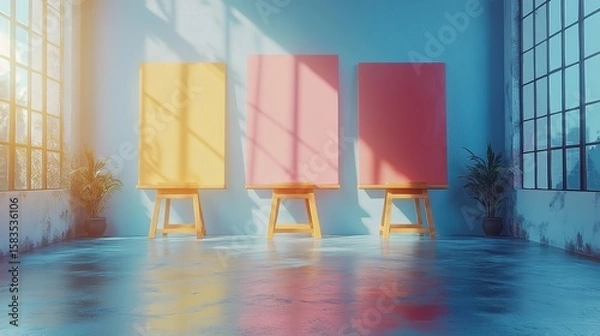 Obraz Three vibrant art canvases in yellow pink and red stand on wooden easels in a bright sunlit studio evoking creativity artistic inspiration and the beauty of a natural workspace