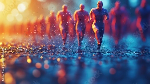 Obraz Abstract crowd of runners in vibrant motion captured with dynamic blur and glowing orange blue lights representing progress energy competition and collective human momentum