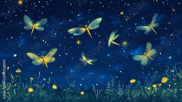 Obraz Night sky filled with glowing dragonflies over a field of wildflowers