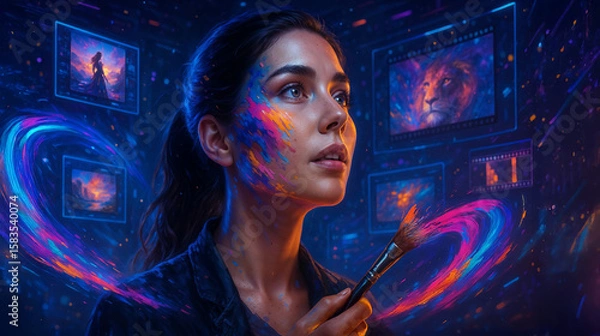 Fototapeta Innovative AI applications for artists, creatives, and designers, featuring a woman amidst a swirling digital art display.