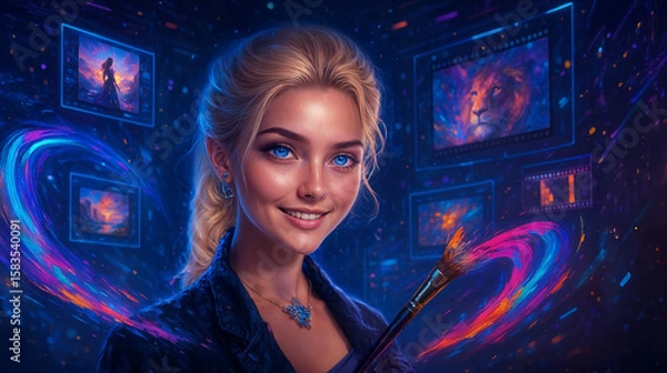 Fototapeta Blonde woman surrounded by floating holographic screens displaying artificial intelligence applications for creative design work