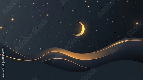 Obraz Night sky with crescent moon and golden waves