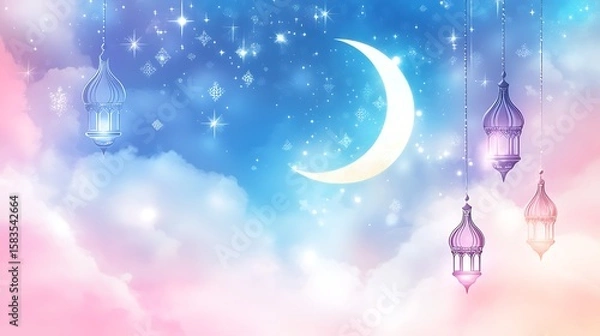 Obraz Night sky with hanging lanterns and crescent moon