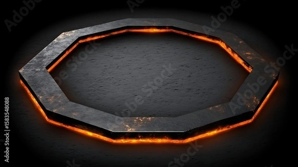Obraz Octagonal metal frame with glowing orange inner edge on dark textured background