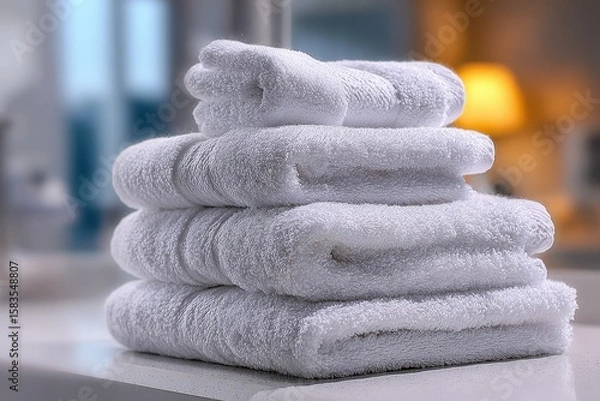 Fototapeta Stacked soft, white towels