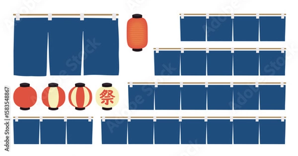 Obraz 青い暖簾のバリエーションセットと赤い提灯のイラスト