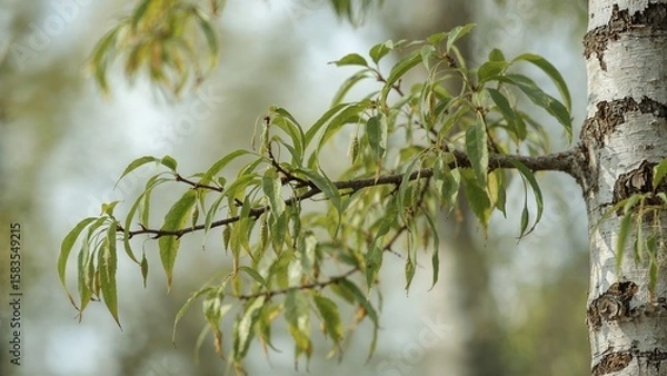 Fototapeta Close-up of a birch tree twig featuring vibrant leaves and blooming catkins