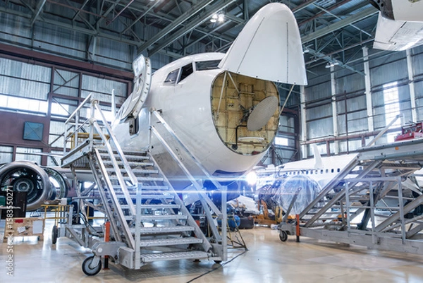Obraz Front view of the white passenger airliner under maintenance in the aircraft hangar. The plane has opened weather radar. Checking mechanical systems for flight operations