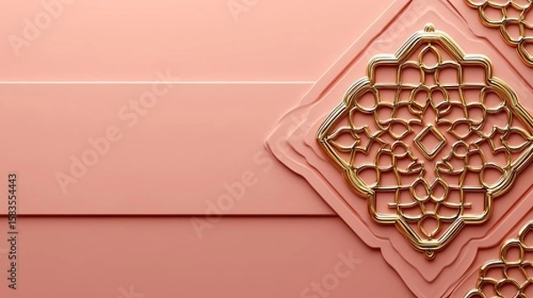 Obraz Ornamental, coral pink background with golden filigree