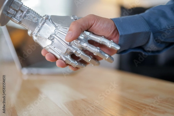Fototapeta close up of robot hand shaking hands with human businessman to work together to build business 
