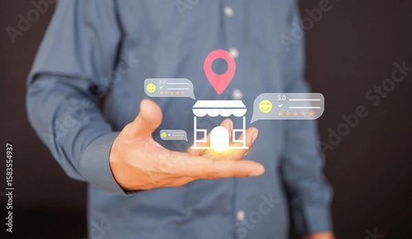 Fototapeta Local business reviews and customer feedback system on mobile device, showcasing star ratings for small businesses. Digital marketing, local SEO, and consumer experience in online business reviews