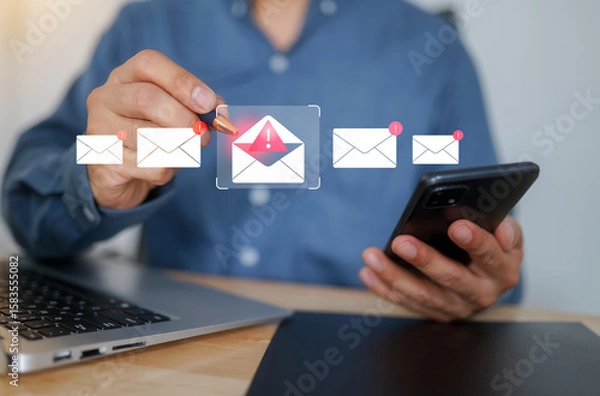 Fototapeta Phishing email alert concept with a person using a smartphone while surrounded by warning icons, symbolizing scam messages, cyber threats, and digital communication security risks.
