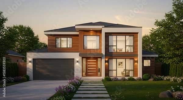 Fototapeta Modern two-story house with wood and white siding, large windows, and a gray garage door, surrounded by green lawn and trees.