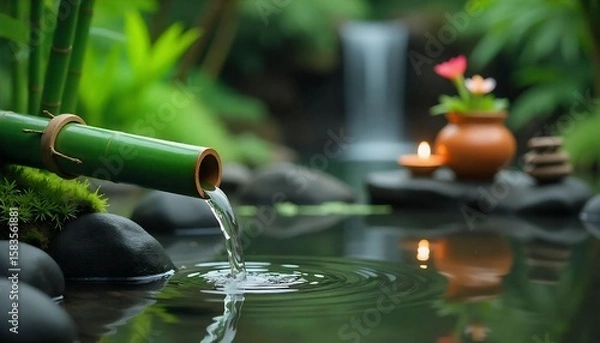 Fototapeta "A peaceful Zen garden scene featuring a green bamboo pipe gently pouring water into a calm pond, creating soft ripples on the surface. Smooth black stones, green moss, and lush bamboo plants surround