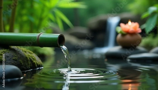 Fototapeta "A peaceful Zen garden scene featuring a green bamboo pipe gently pouring water into a calm pond, creating soft ripples on the surface. Smooth black stones, green moss, and lush bamboo plants surround