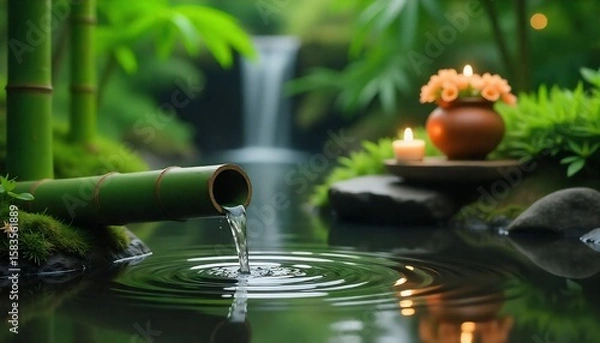 Fototapeta "A peaceful Zen garden scene featuring a green bamboo pipe gently pouring water into a calm pond, creating soft ripples on the surface. Smooth black stones, green moss, and lush bamboo plants surround
