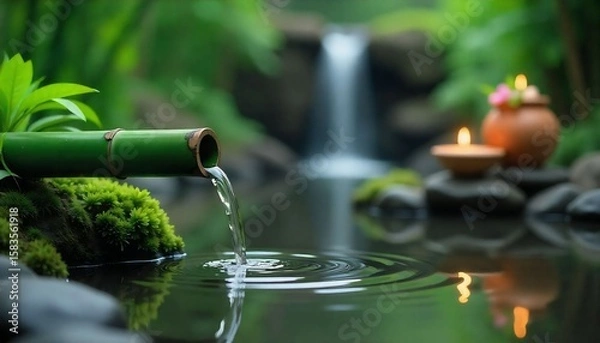 Fototapeta "A peaceful Zen garden scene featuring a green bamboo pipe gently pouring water into a calm pond, creating soft ripples on the surface. Smooth black stones, green moss, and lush bamboo plants surround
