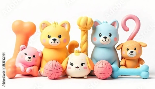 Fototapeta High-resolution 3D render of colorful pet toys including chew bones, squeaky balls, plush animals, and tug ropes — isolated on a transparent background, soft lighting, vibrant colors, cute and playful