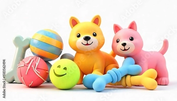Fototapeta High-resolution 3D render of colorful pet toys including chew bones, squeaky balls, plush animals, and tug ropes — isolated on a transparent background, soft lighting, vibrant colors, cute and playful