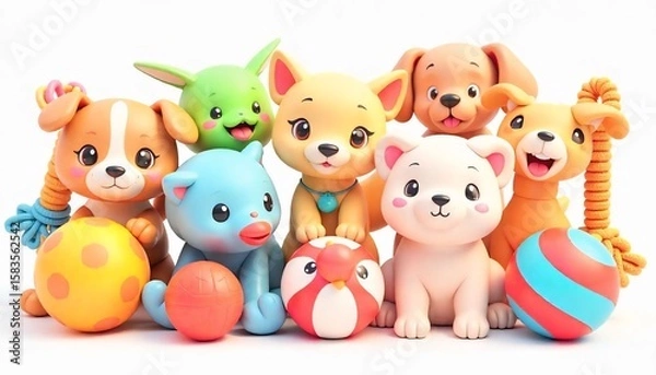 Fototapeta High-resolution 3D render of colorful pet toys including chew bones, squeaky balls, plush animals, and tug ropes — isolated on a transparent background, soft lighting, vibrant colors, cute and playful
