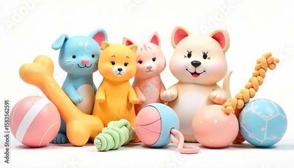 Fototapeta High-resolution 3D render of colorful pet toys including chew bones, squeaky balls, plush animals, and tug ropes — isolated on a transparent background, soft lighting, vibrant colors, cute and playful