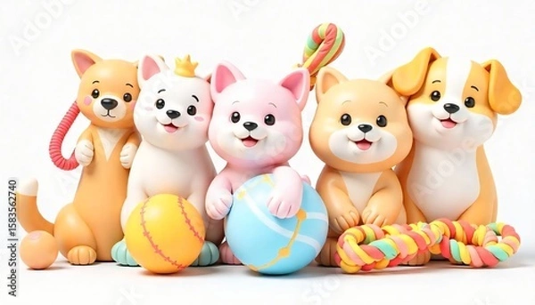 Fototapeta High-resolution 3D render of colorful pet toys including chew bones, squeaky balls, plush animals, and tug ropes — isolated on a transparent background, soft lighting, vibrant colors, cute and playful